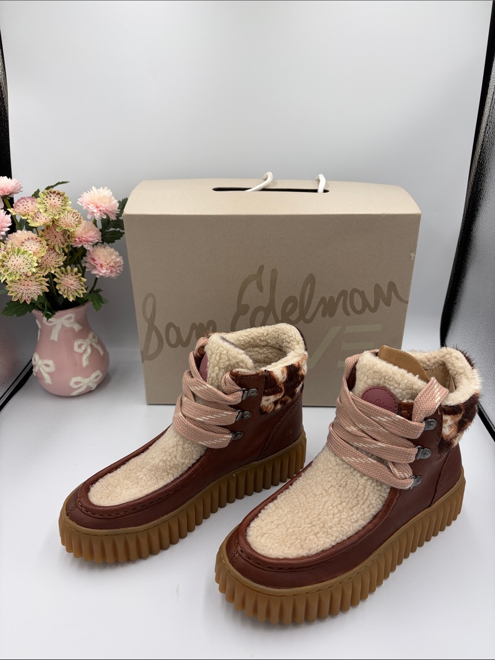 Sam Edelman Brown Leather & Cream Sherpa Lace-Up Ankle Boots with Pink Accents